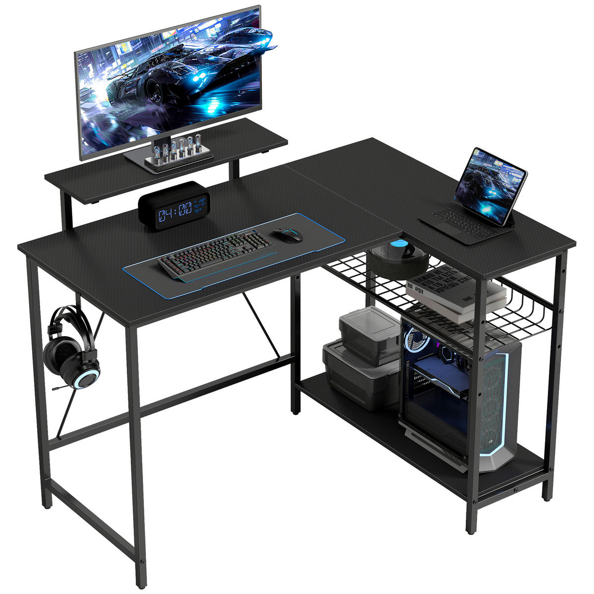 GAMINGTISCH L-Form DE-14931 Schwarz - Schwarz, Holzwerkstoff (114.5/82/91.5cm) - ComfortXL