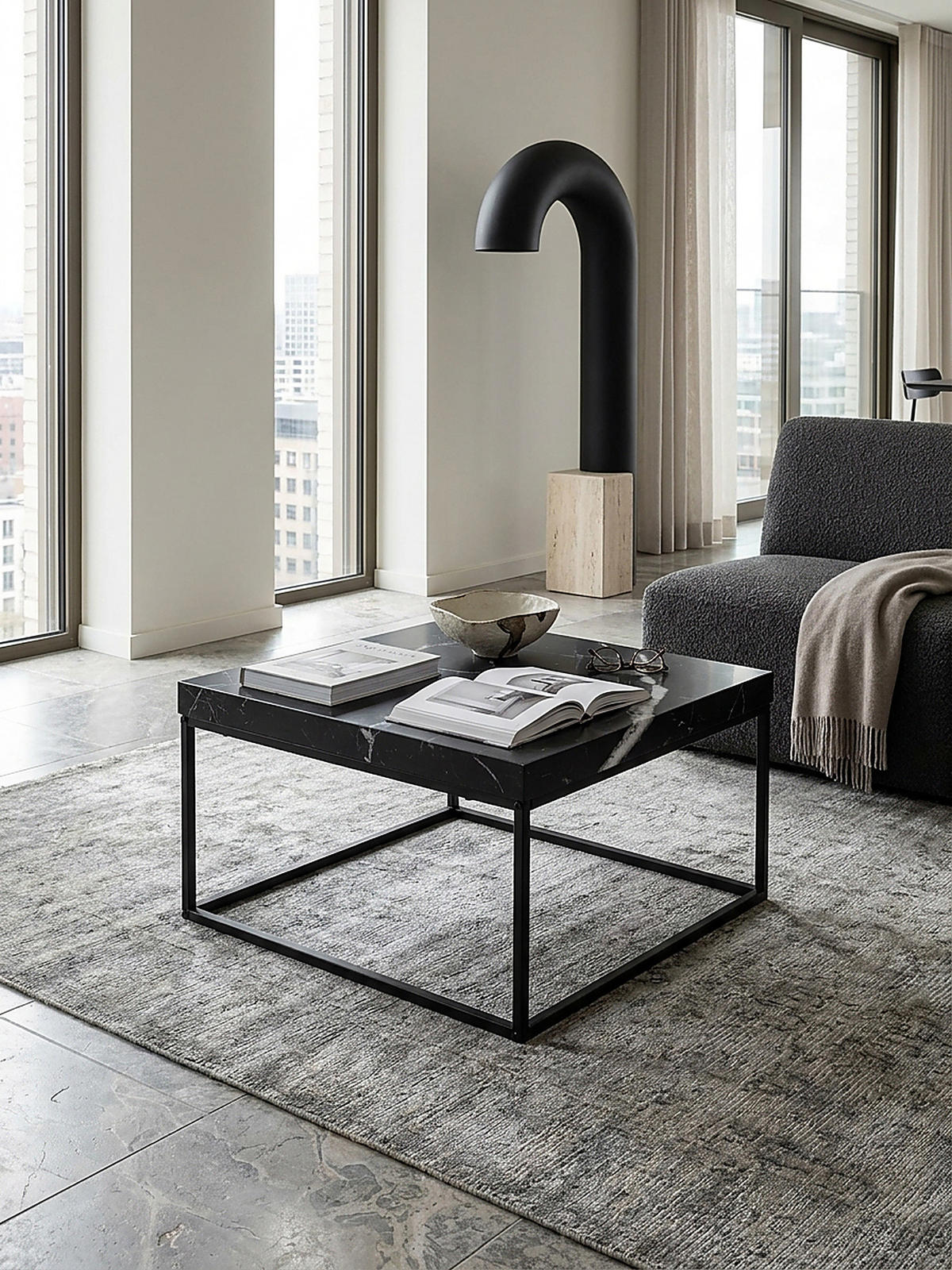 COUCHTISCH in Stein-Optik mit Metallbeinen im modernen Design, Schwarz 60x60x38 cm - Schwarz, Holzwerkstoff/Metall (60/60/38cm) - KADIMA DESIGN