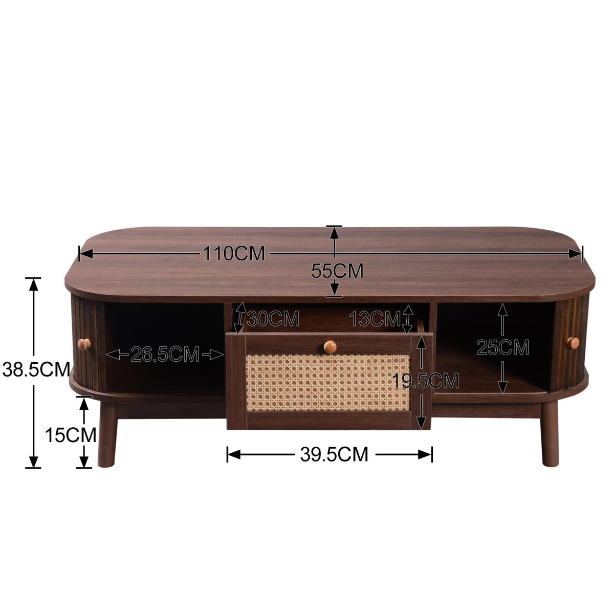 TV Lowboard 170 cm, Massivholz, Rattan, Braun - Braun, Holz (110/38/55cm)