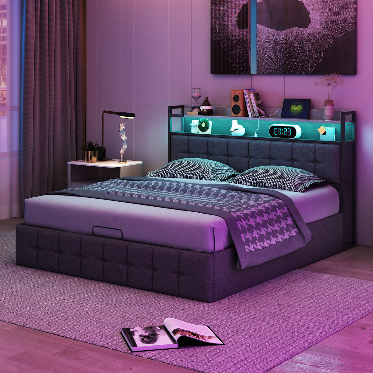 POLSTERBETT 140x200 cm Grau Leinen mit Stauraum, Bett für Erwachsene - Grau, Holz/Metall (140/200cm) - PARAFTA HOME