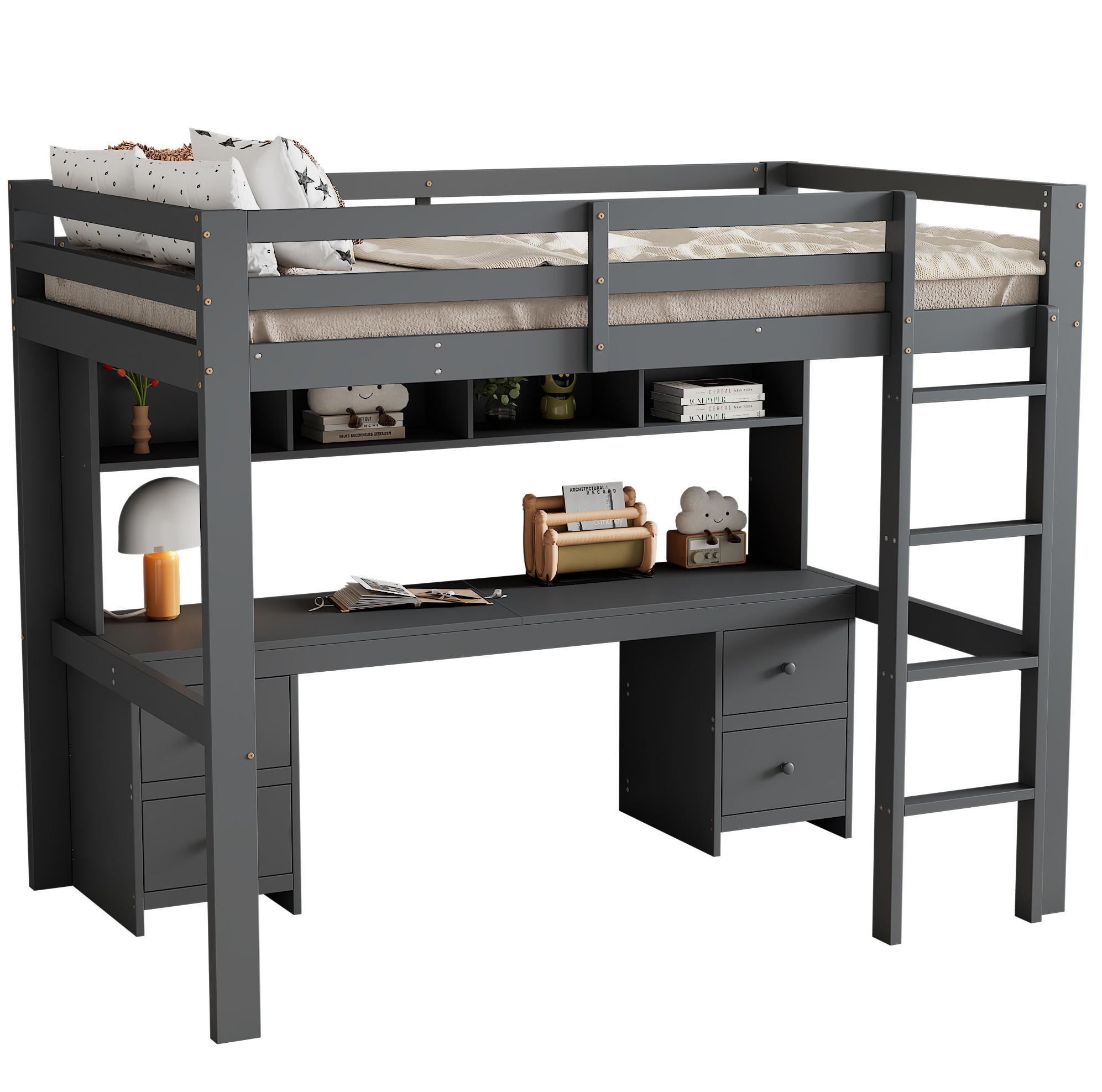 HOCHBETT 90/200 cm Grau aus Kiefernholz und MDF mit Schreibtisch und Stauraum - Grau, Holz (90/200cm) - OKMYHOME