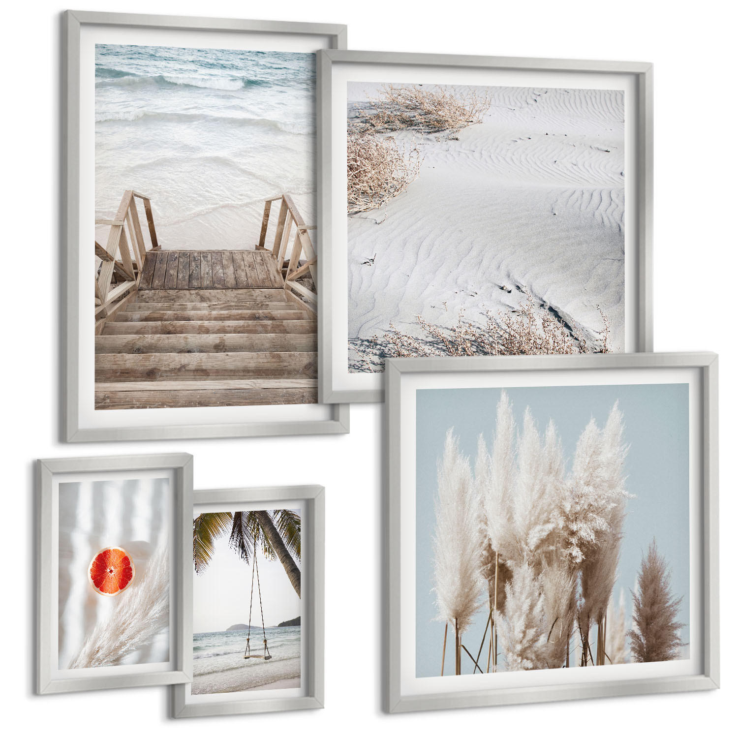 BILDER SET 5er Set - 50x50 cm & 20x30 cm & 40x60 cm Silberner Rahmen - Strandatmosphäre dank hölzerner Treppen. - Silberfarben, Kunststoff (40/60cm) - TULUP
