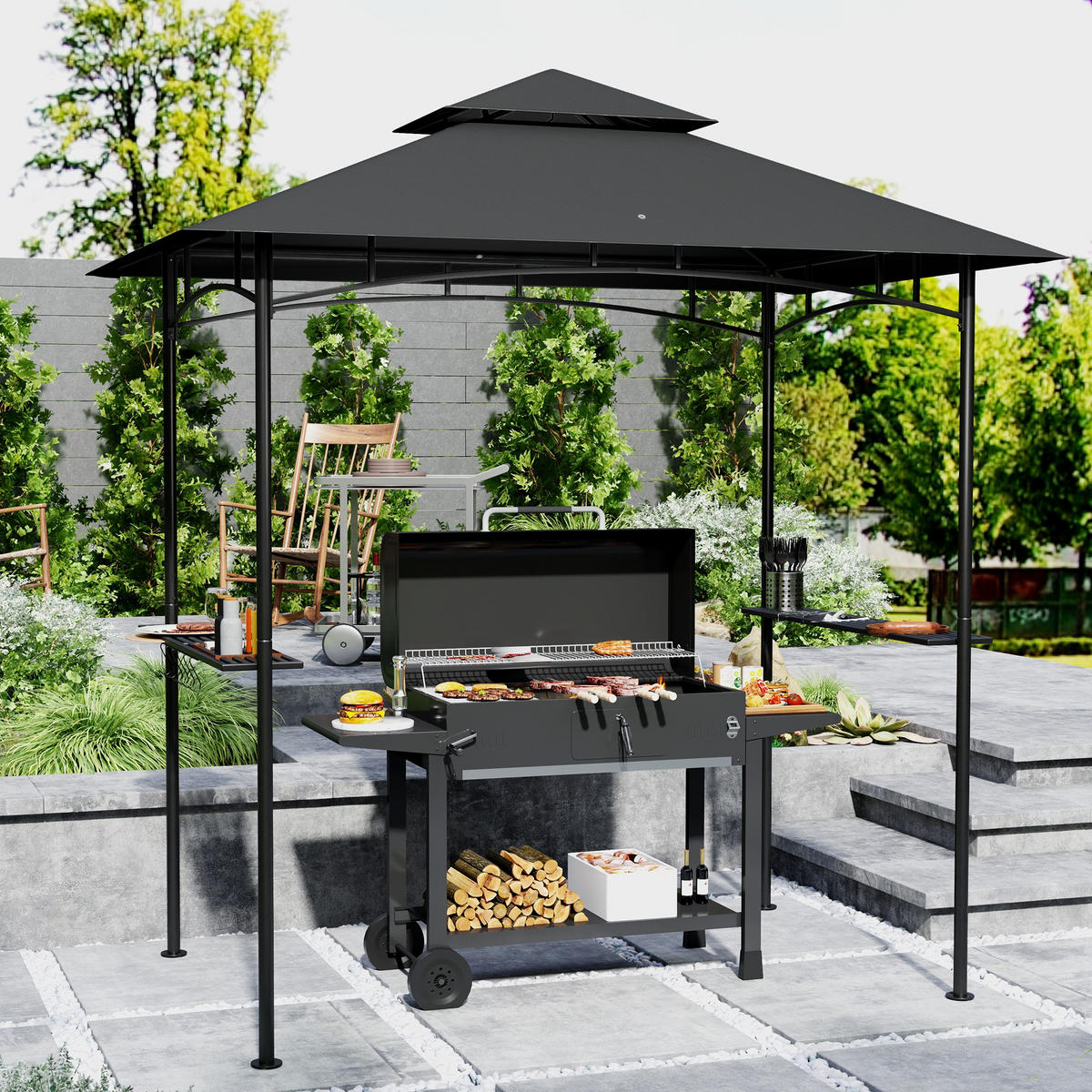GRILLPAVILLON aus Metall und Polyester Dunkelgrau - Dunkelgrau, Metall (150/258/240cm) - Outsunny