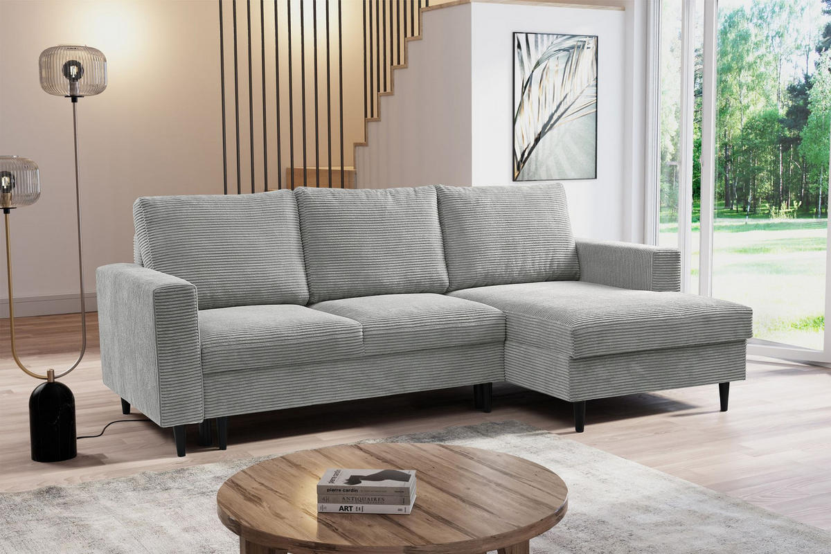 ECKSOFA Nalika Hellgrau mit Cordbezug - Hellgrau/Schwarz, Holz/Textil (143/230cm) - Selsey