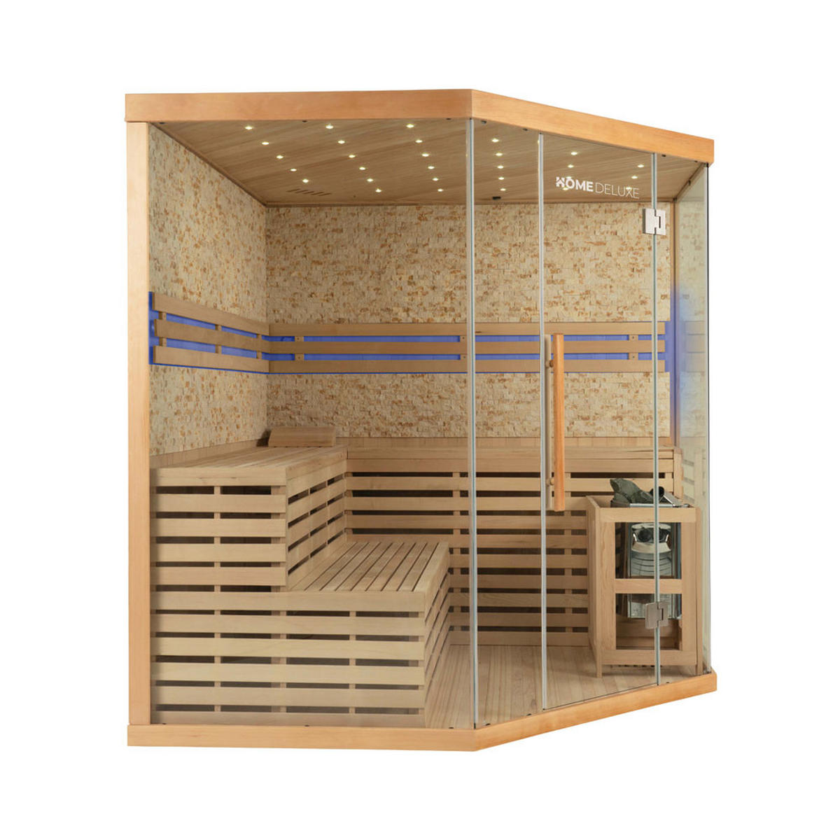 SAUNA SKYLINE BIG XL KUNSTSTEINWAND - Ausstattung: Mit Kunststeinwand, Größe: 200 x 200 x 210 cm - Naturfarben, Holz (200/210/200cm) - Home Deluxe