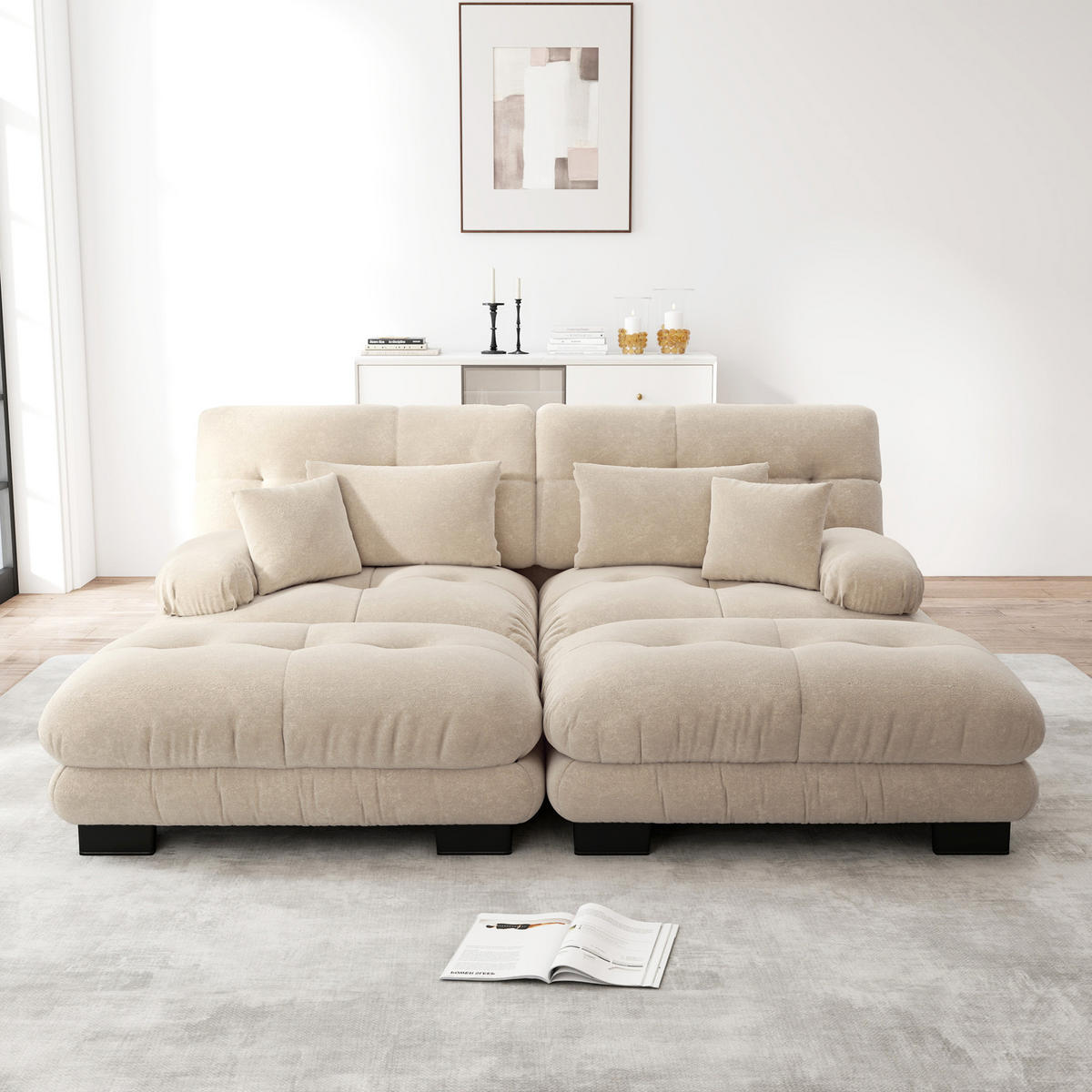 SOFA in Hellbraun aus Chenille mit 2 Ottomans und Kissen - Cappuccino, Textil (145/81/220cm) - Flora Grace