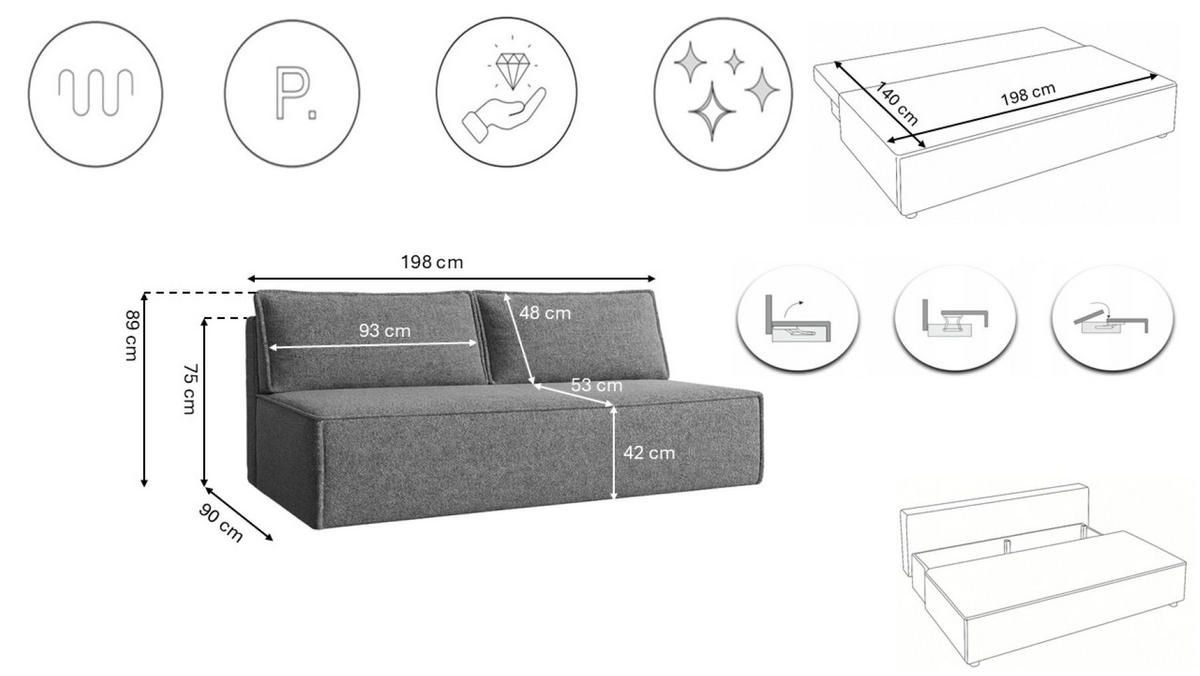 SCHLAFSOFA Mit Bettkasten DUO Stoff Verita Stahl - Anthrazit, Holz/Kunststoff (198/89/90cm) - Kaiser Möbel