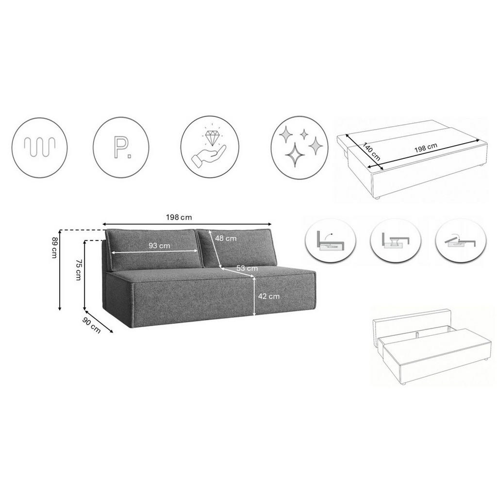 Thumbnail - Kaiser Möbel Schlafsofa, Anthrazit, Textil, 2-Sitzer, Füllung: Komfortschaum,Komfortschaum, Rechteckig, 198x89x90 cm, Wo...