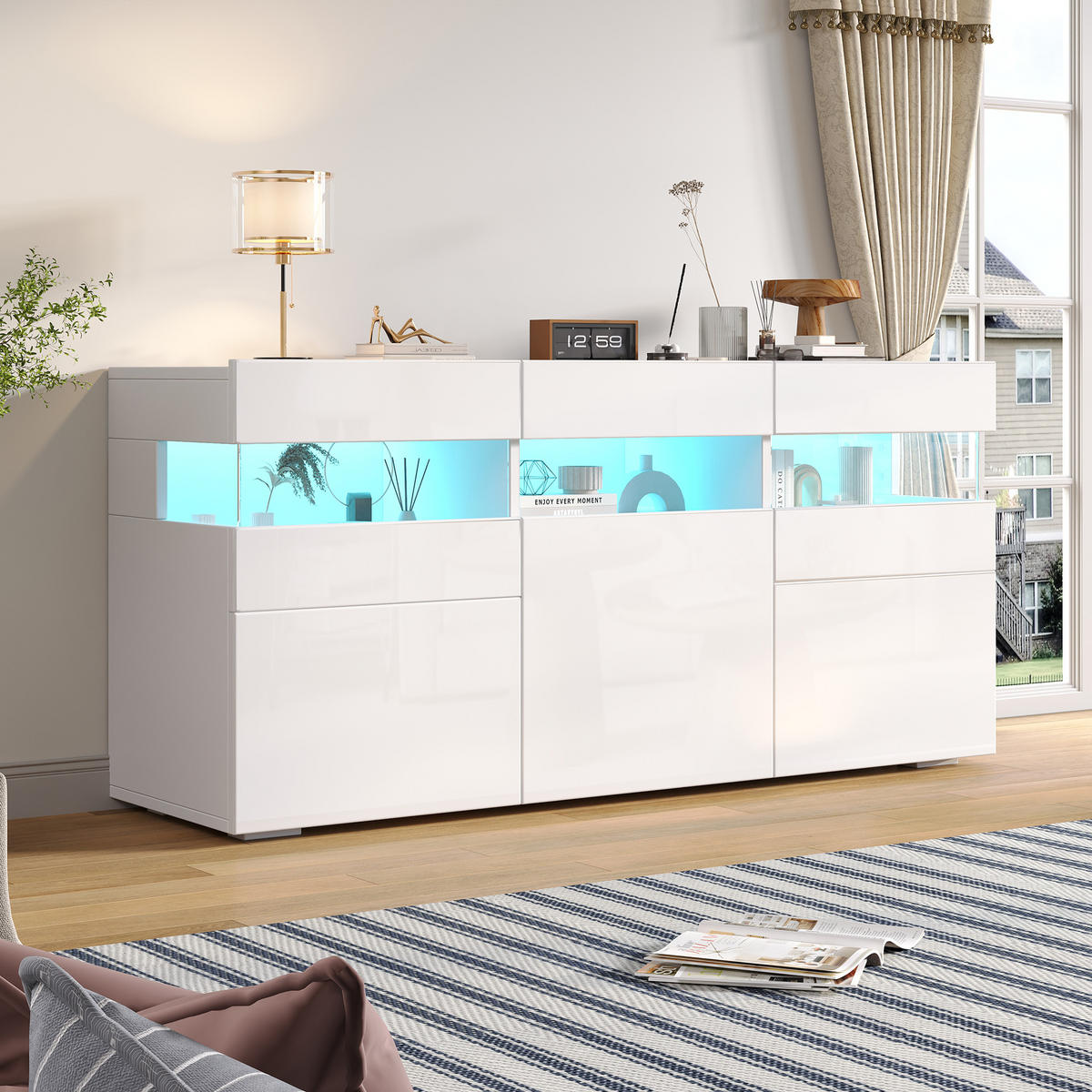 SIDEBOARD DE-37801 mit LED-Beleuchtung und 3 Türen Weiß - Weiß, Holzwerkstoff (140/66.5/40.5cm) - ComfortXL