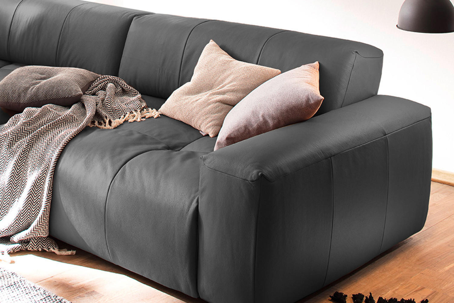 LEDERSOFA MIT SITZTIEFENVERSTELLUNG PALACE Schwarz Leder - Schwarz, Leder (298/74/120cm) - KAWOLA