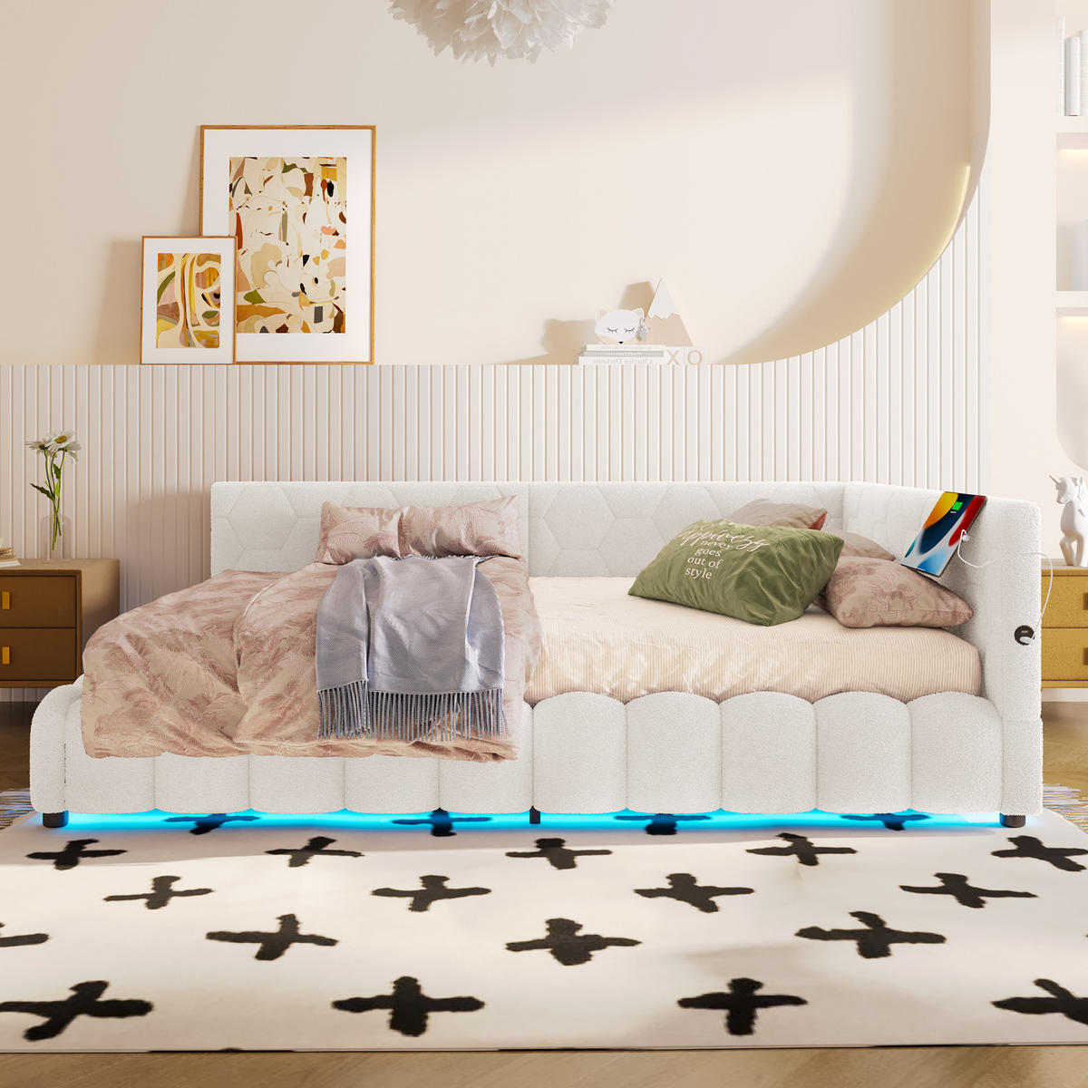 TAGEBETT 140x200cm Weiß Vliesimitat LED-Licht Hydraulik USB-C - Weiß, Holz (140/200cm) - FLIEKS