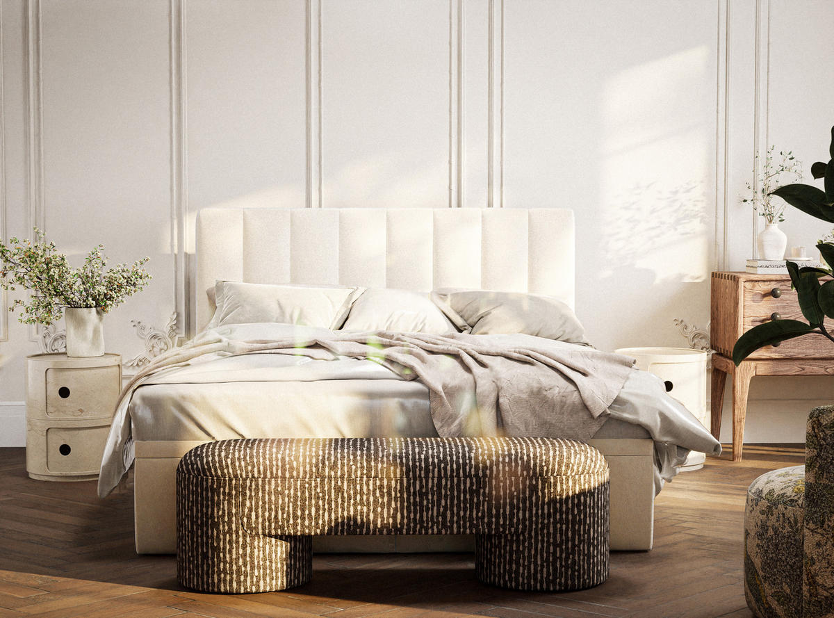 BOXBETT 140/200 cm Lovage M, in Hellbeige, Matratze, gepolstertes Kopfteil, Bettkasten, H3 = fest - Beige/Schwarz, Holz/Holzwerkstoff (140/200cm) - Maison de Reve