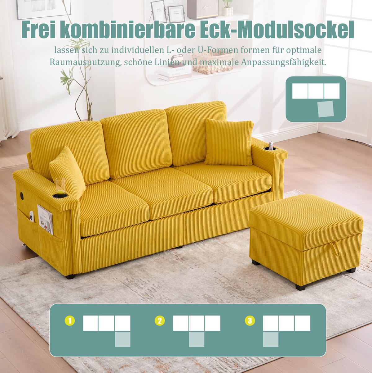 SOFA Corduroy mit LED und USB-Anschluss Stauraum-Schubladen 194/73/81 cm Gelb - Gelb, Textil (73/194cm) - Redom
