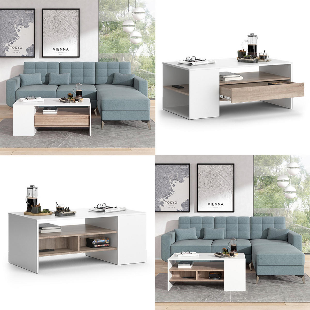 COUCHTISCH Fabien Weiß 110 x 60 cm - Weiß/Sonoma Eiche, Holzwerkstoff (60/110/45.5cm) - Vicco