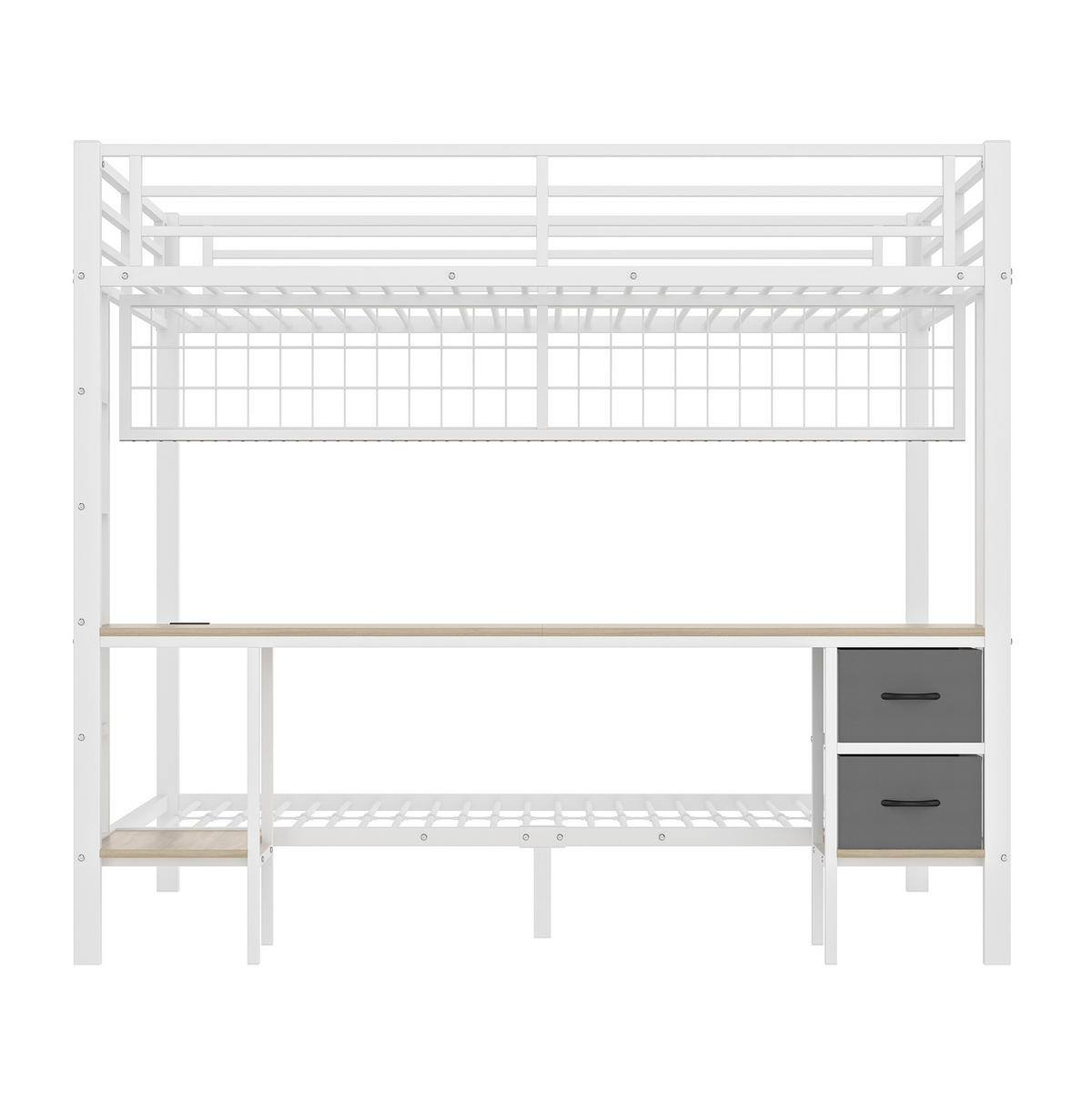 HOCHBETT mit Schreibtisch 140/200 cm in Weiß – mit Stauraum und LED-Leiste - Weiß, Metall (140/200cm) - BEAOK