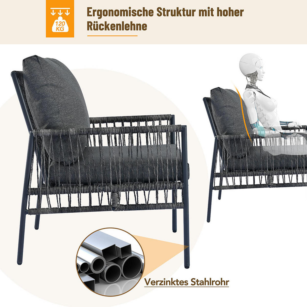 LOUNGEGARNITUR 7 Sitzplätze, Sitzkissen abnehmbar und waschbar, grau - Grau, Metall - KOMHTOM