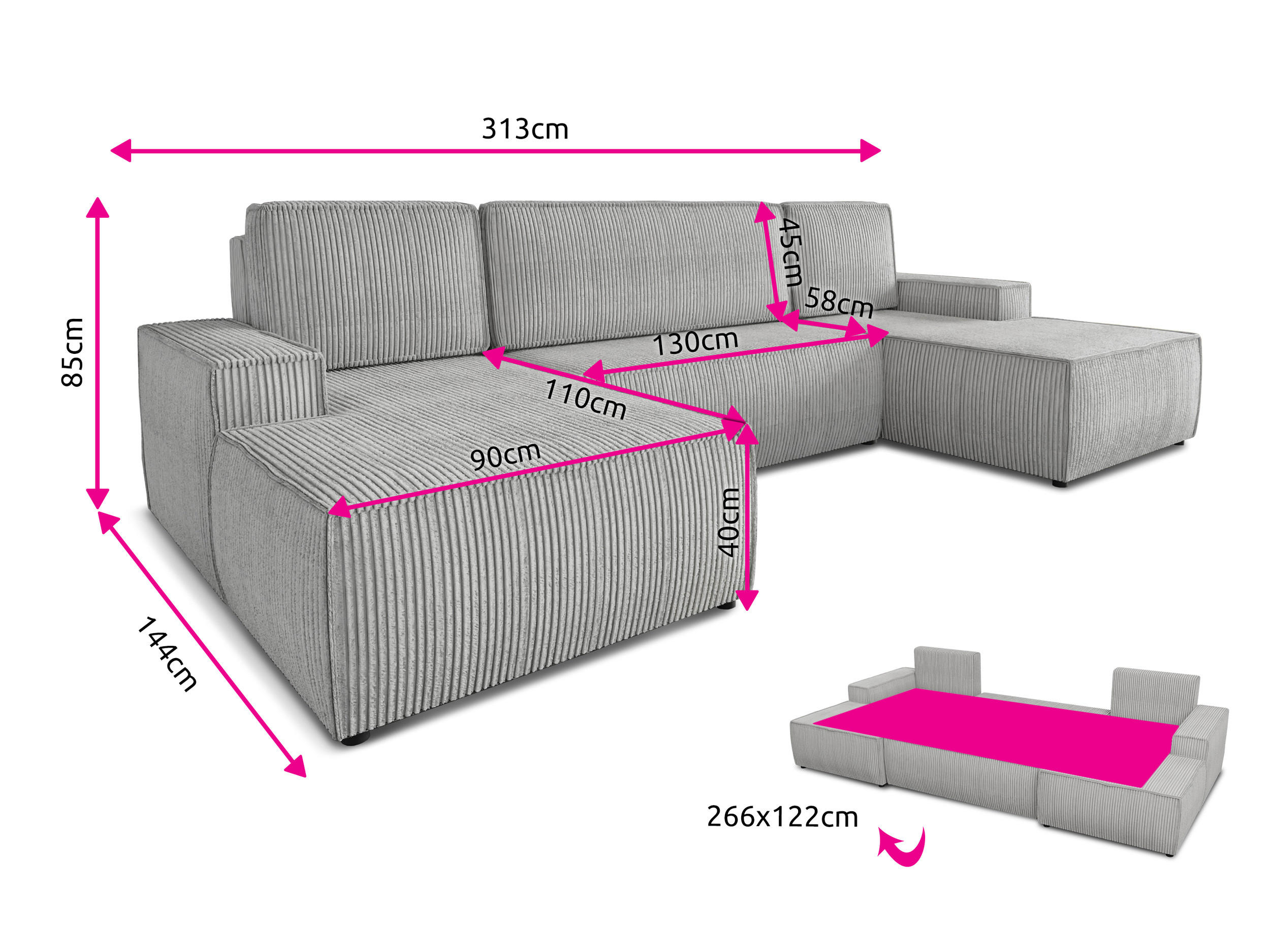 Thumbnail - Sofnet Wohnlandschaft, Grau, Textil, 7-Sitzer, U-Form,Rechteckig, 313x85x144 cm, Wohnzimmer, Sofas & Couches, Wohnlandsc...