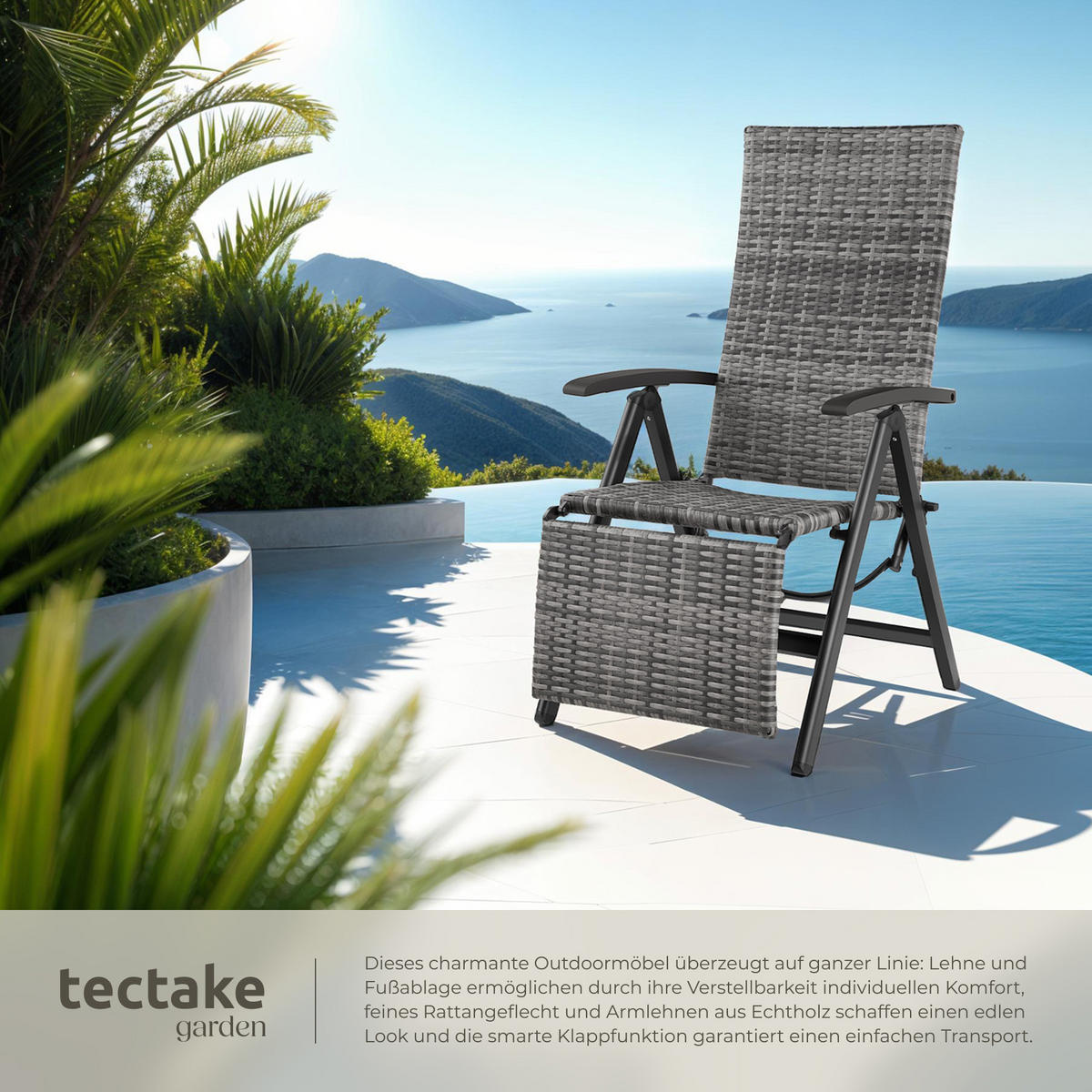 RATTANSTUHL Brisbane ,58 x 77 x 113 cm,grau - Grau, Kunststoff (58/113/77cm) - tectake