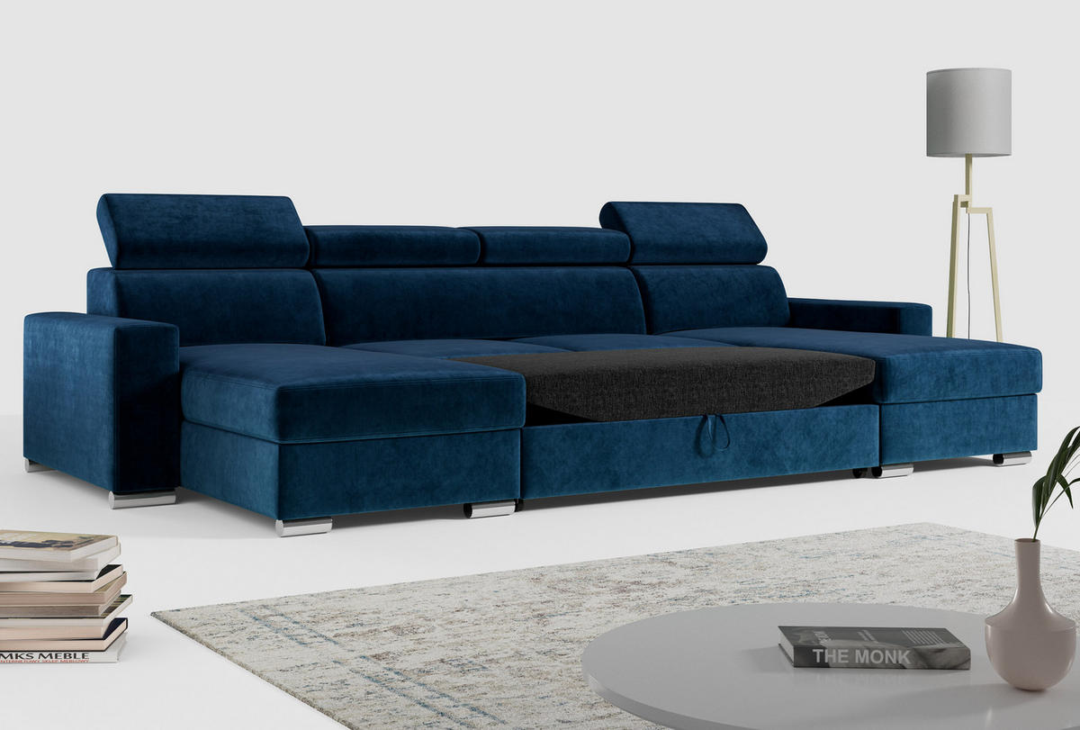 WOHNLANDSCHAFT FOX U Dunkelblau - Velvet - Silberfarben/Dunkelblau, Kunststoff/Textil (306/98/168cm) - MKS