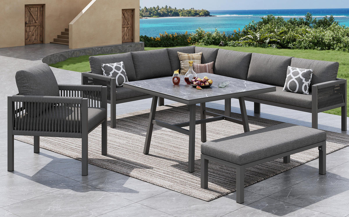 GARTENLOUNGE-SET, Eisen mit Marmorglas-Tisch, modular für 8 Personen, 118/61/80 cm, Grau - Grau, Metall - Redom