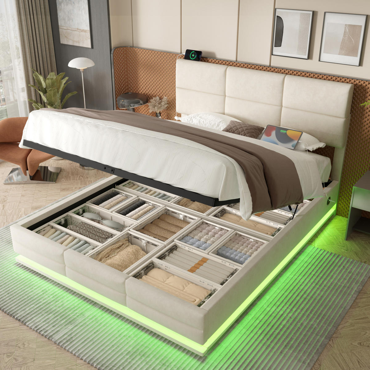 ČALÚNENÁ posteľ z velúru 140x200 cm béžová s nastaviteľným čelom, LED osvetlením, USB a úložným priestorom - béžová, textil (140/200cm) - Modfu