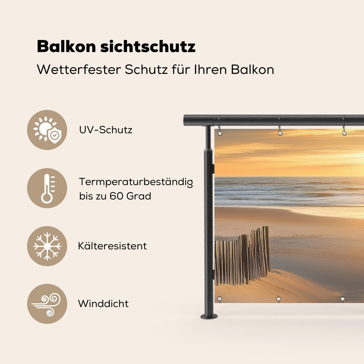 BALKON-SICHTSCHUTZ Strand - Dünen - Sonnenuntergang 200x90 cm - Sandfarben, Kunststoff (200/90cm) - MuchoWow
