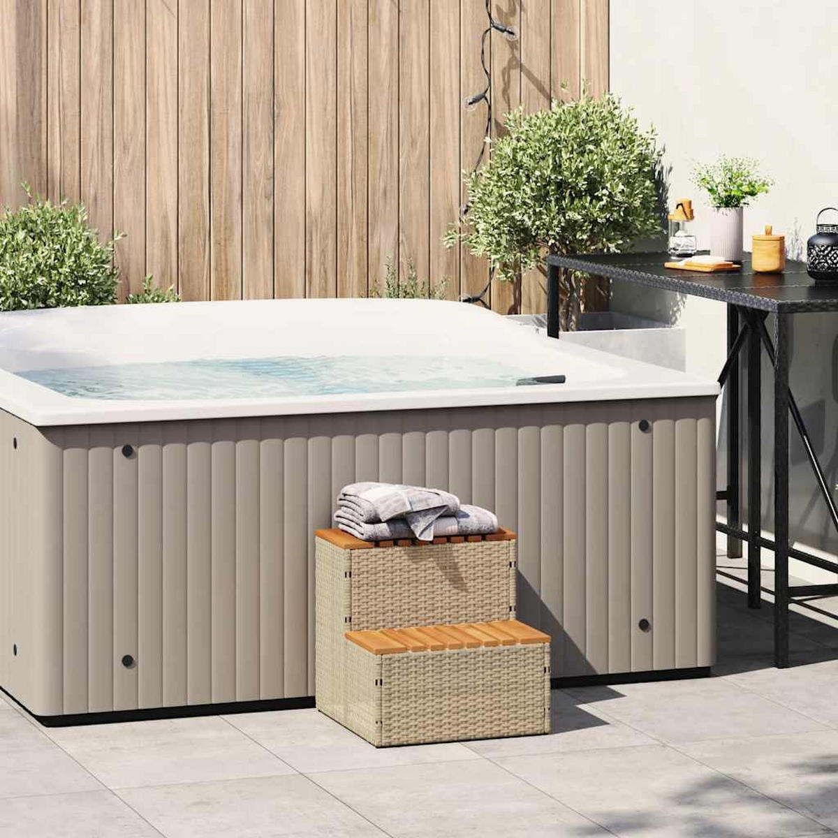 WHIRLPOOLTREPPE Beige 50/50/50,5 Cm Poly Rattan Akazie Massiv - Beige, Holzwerkstoff (50/50.5/50cm) - vidaXL