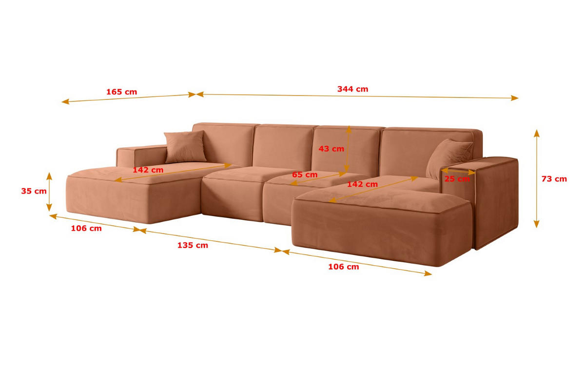 WOHNLANDSCHAFT SIERRA-U - 344x165x73 cm Koralle Velours - Koralle/Schwarz, Holzwerkstoff/Kunststoff (344/73/165cm) - ALTDECOR