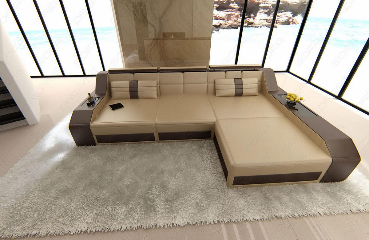 COUCH Arezzo L Sandbeige Dunkelbraun Büffelleder - Sandfarben, Leder (308/194cm)