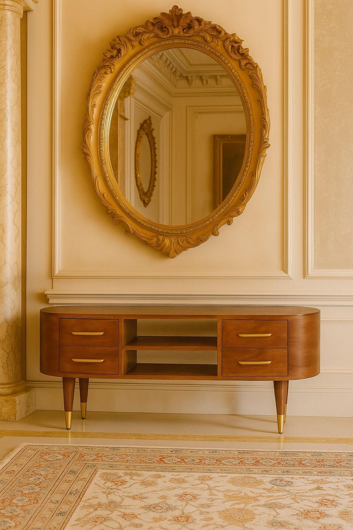 MEDIENEINHEIT mit Wine-Wood-Oak-Finish, 4 Schubladen, 2 offene Ablagen, T-Bar-Griffe, braun - Goldfarben/Braun, Holz/Metall (110/48/35cm) - Artisan Furniture