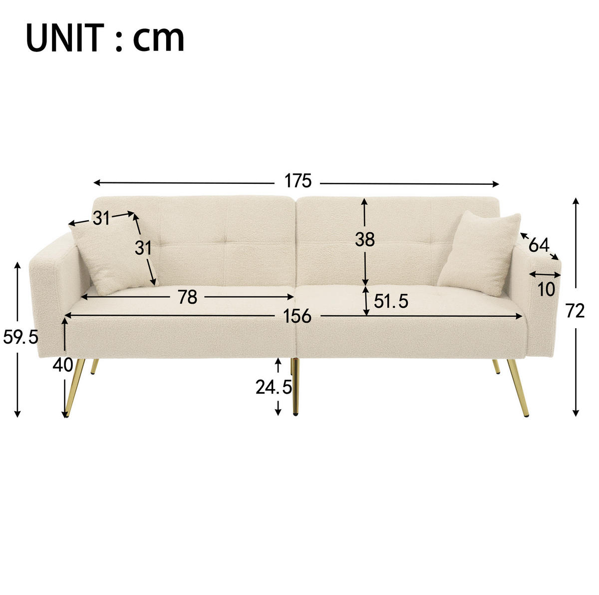 SCHLAFSOFA Lammwollstoff mit verstellbarer Rückenlehne und Seitentaschen Beige 175/64/72 cm - Beige, Textil (64/72/175cm) - Redom