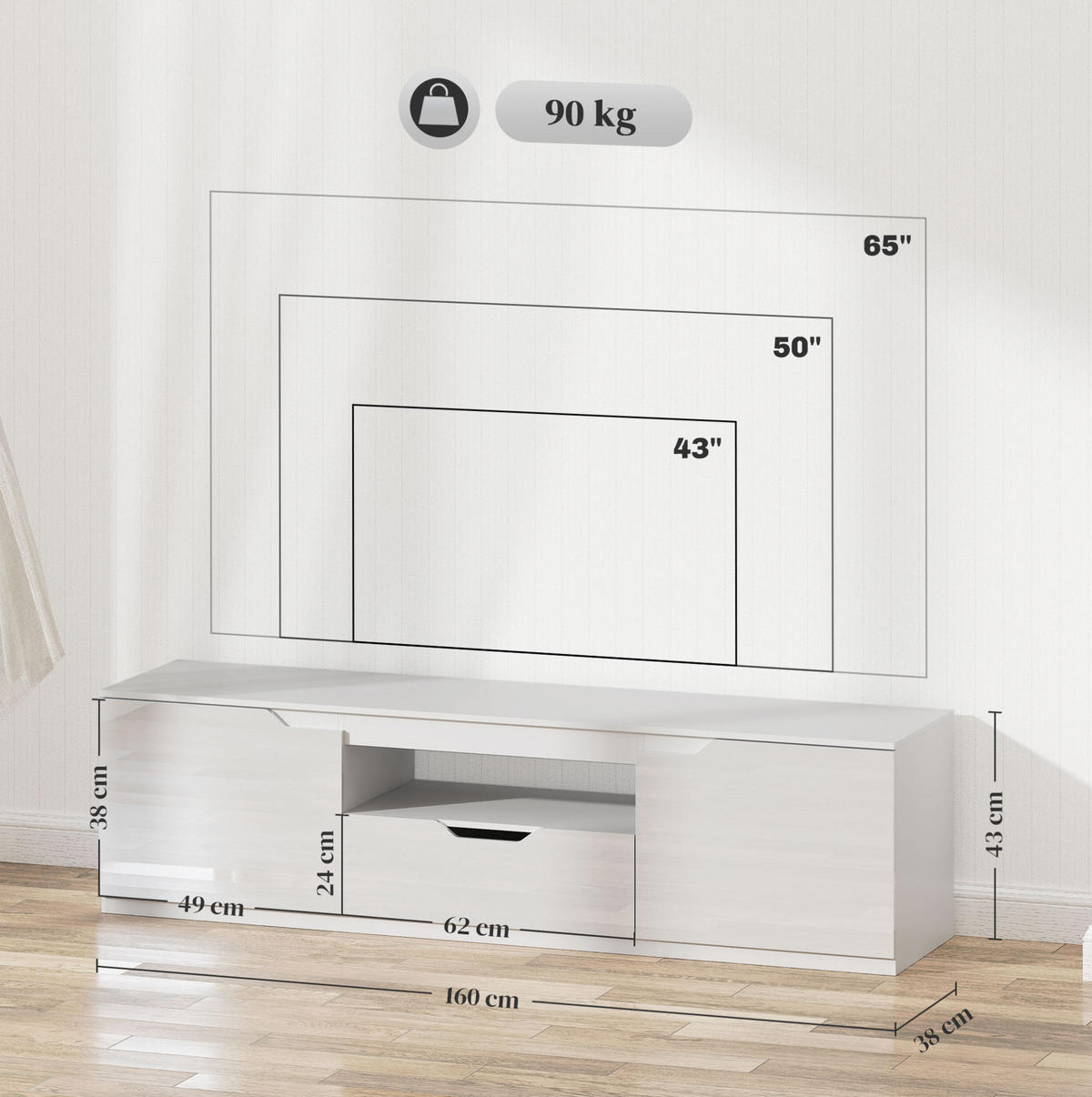 TV-LOWBOARD aus Holz 160x38x43 cm Weiß mit 2 Türen, Schublade, offenem Fach und Kabelmanagement - Weiß, Holzwerkstoff (160/43/38cm) - Modfu