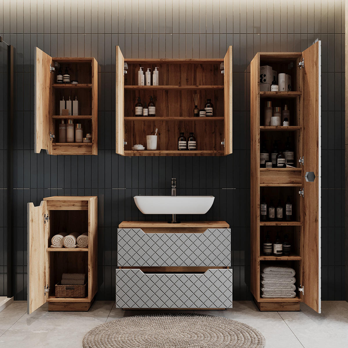 BADMÖBEL-SET Lotta Eiche/Grau mit Kachelstruktur 3 Teile - Grau, Holzwerkstoff (79.6/62.5/32cm) - Vicco