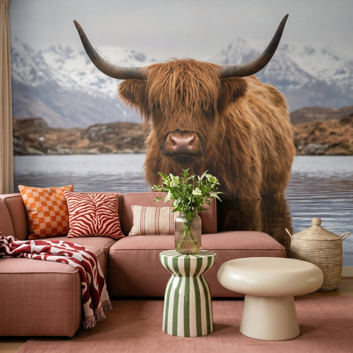 TAPETE - Schottischer Hochländer - Braun - Wasser - 350x260 cm - Braun, Papier (350/260cm) - OnlyWow