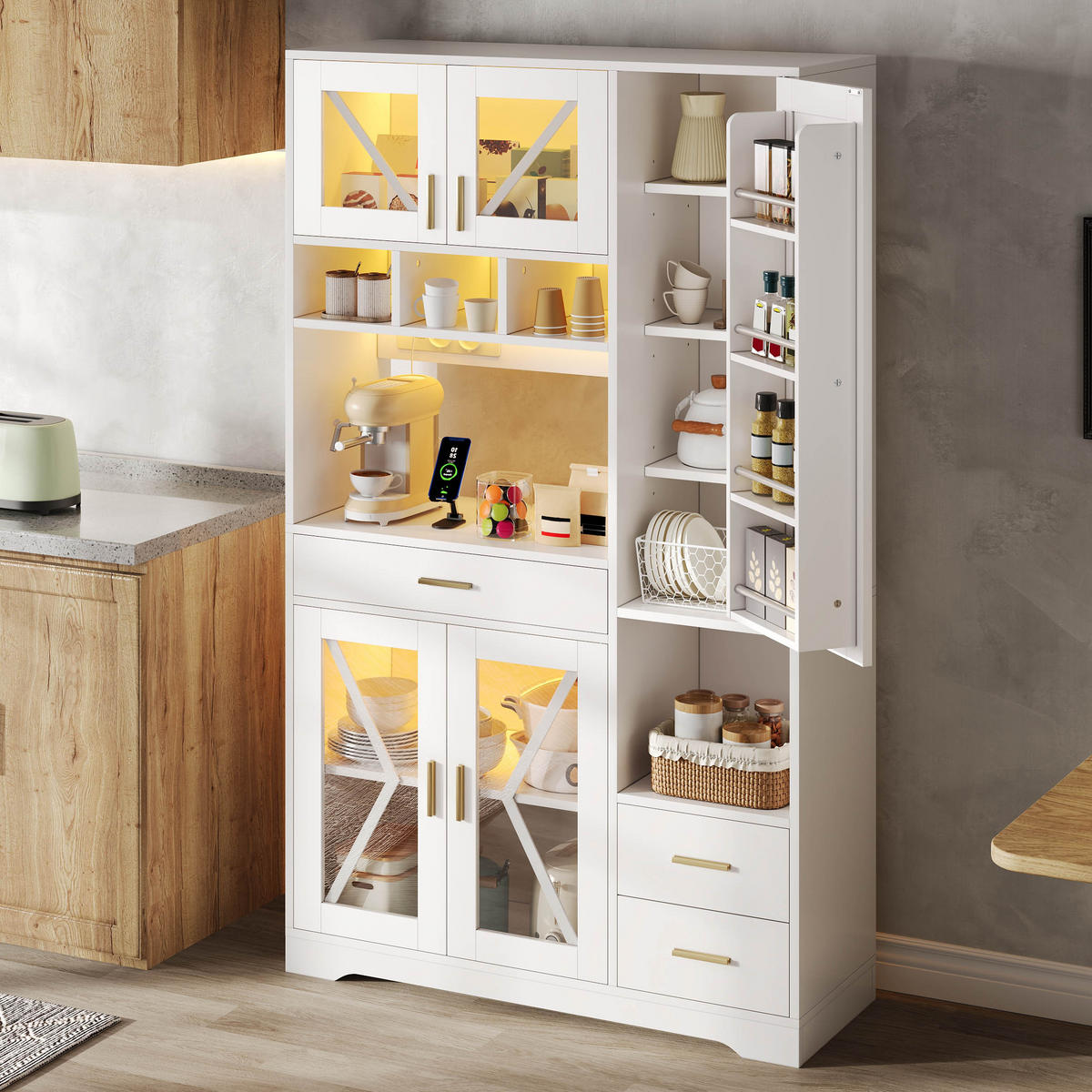 BUFFET Küchenschrank mit Glastüren & vielseitigem Stauraum, 185/105/40 cm, Holzwerkstoff, ohne Farbangabe - Weiß, Glas/Holzwerkstoff (105/185/40cm) - EVRYAE