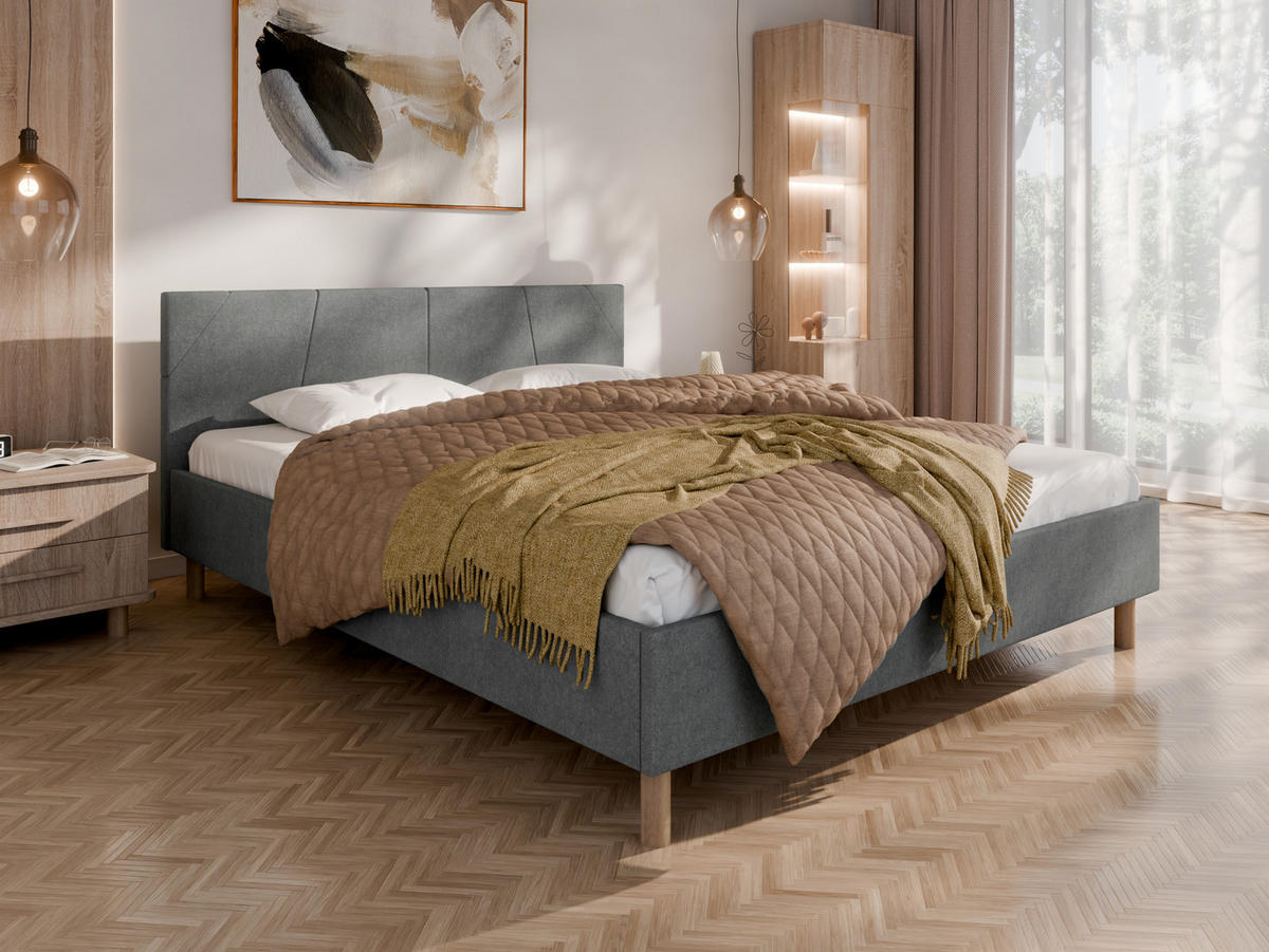 POLSTERBETT ALMORE 160x200cm Elegantes Polsterbett für modernen Wohnstil , 7-Zonen-Taschenfederkernmatratze mit kokos ARLAN (21 cm), grau - Grau, Holz (160/200cm) - Panda Möbel