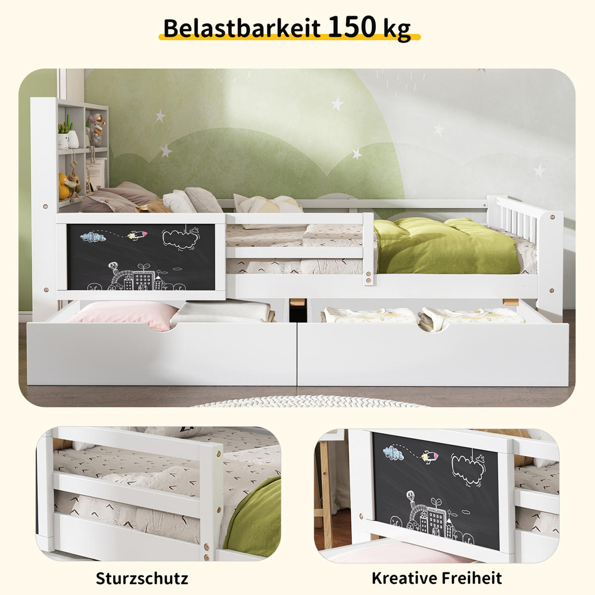 KINDERBETT 90/200 cm aus Massivholz und MDF mit Schubladen, Tafel und Sicherheitsleiste Weiß - Weiß, Holz (90/200cm) - Modenvie