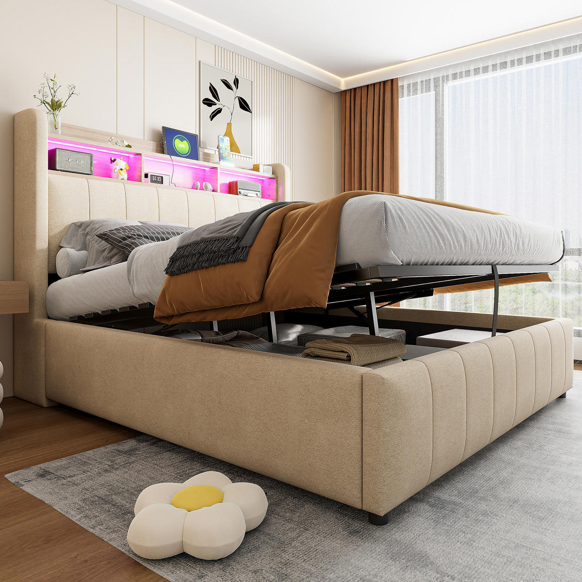 ČALÚNENÁ posteľ 140/200 cm s meniacim sa LED osvetlením, USB a Type-C portom, úložným priestorom, Béžová - béžová, textil (140/200cm) - Redom