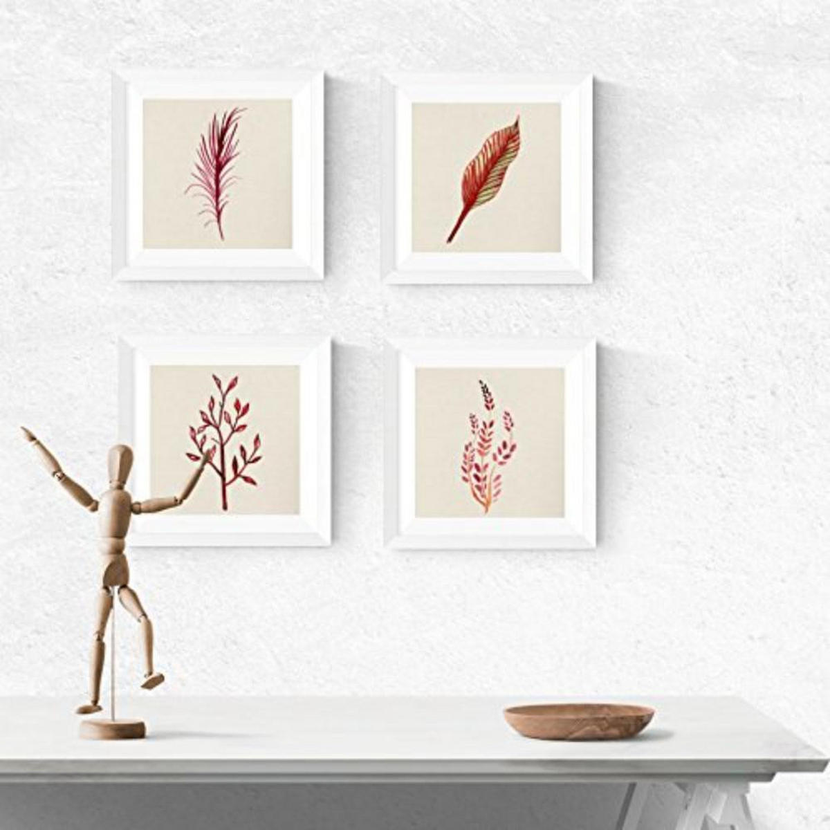 POSTER Set mit 4 Bunte Roten Blättern 15x15 cm Schwarzer Rahmen - Schwarz, Papier (15/3cm) - Nacnic