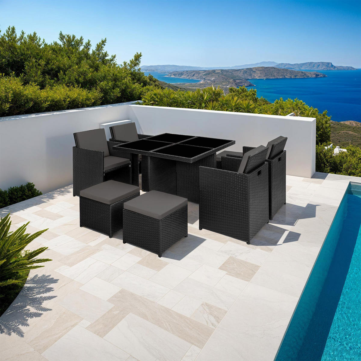 RATTAN SITZGRUPPE Manhattan,2 Bezugssets, zusammenschiebbar, inklusive Schutzhülle,schwarz - Schwarz, Kunststoff - tectake