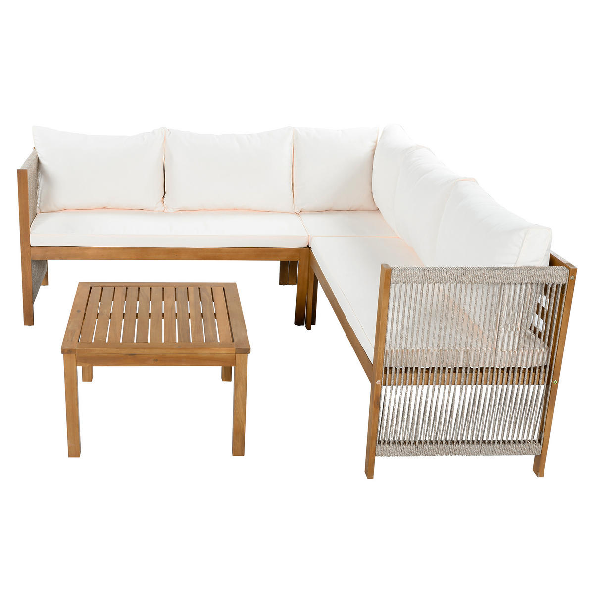 GARTENMÖBEL-SET, Ecksofa + Couchtisch, Akazienrahmen, Beige - Beige, Textil - FLIEKS