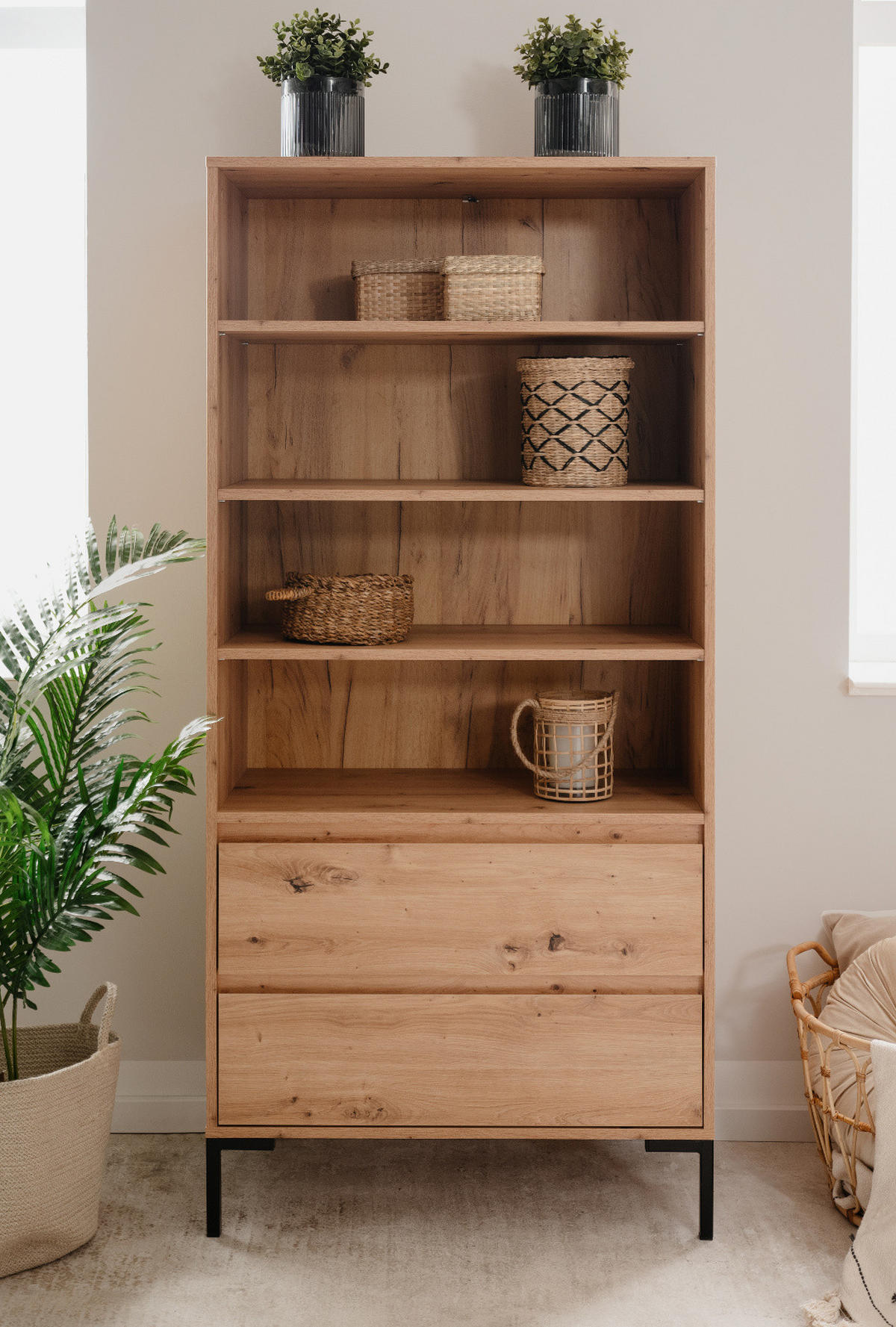 REGALSCHRANK Eiche Artisan 78 cm, Regal mit 2 Schubladen - Schwarz/Eiche Artisan, Holzwerkstoff/Metall (77.5/165/40cm) - Furn.Design