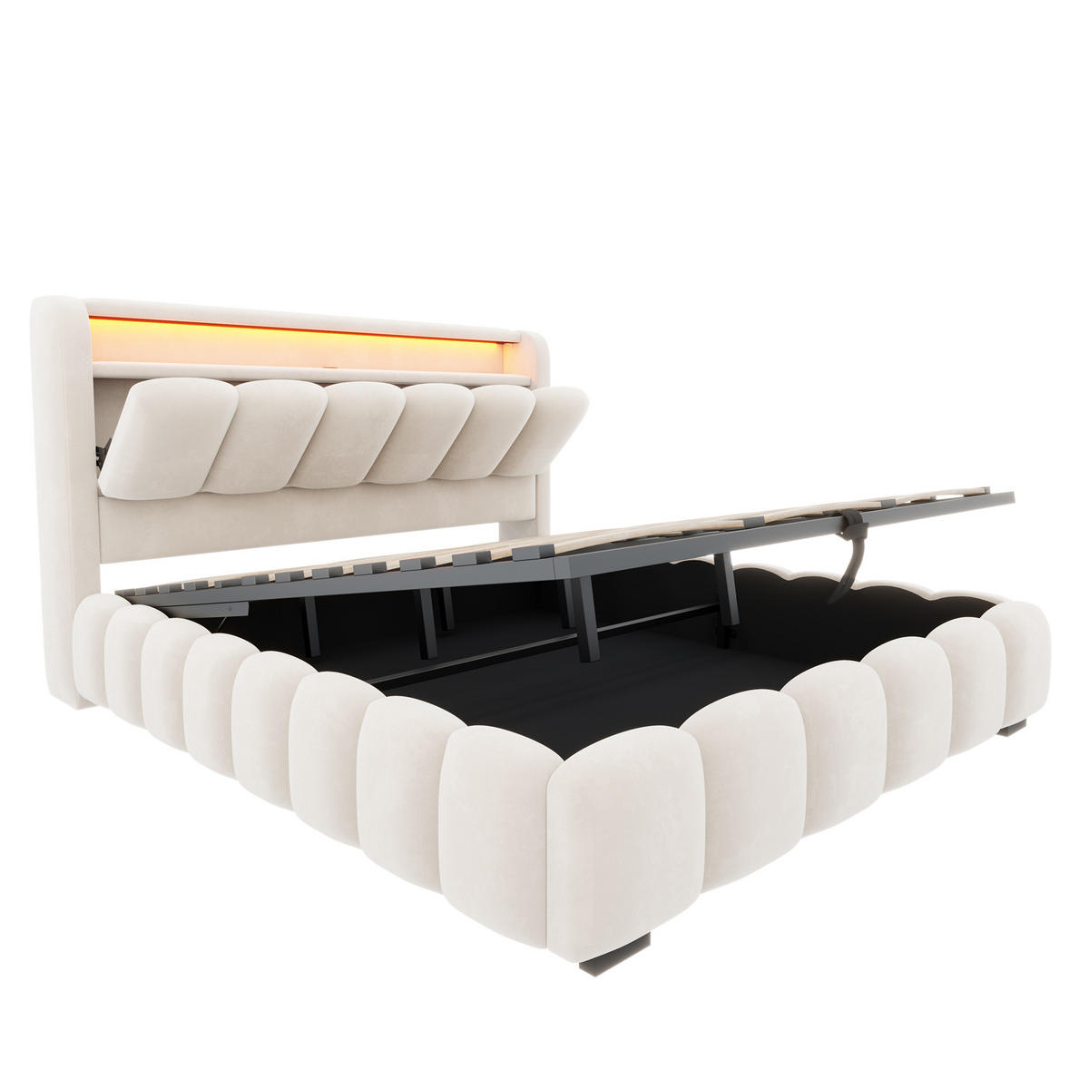BOXBETT 180/200 mit LED/USB-C, Samt, Beige - Beige, Holz (180/200cm) - LVHOM