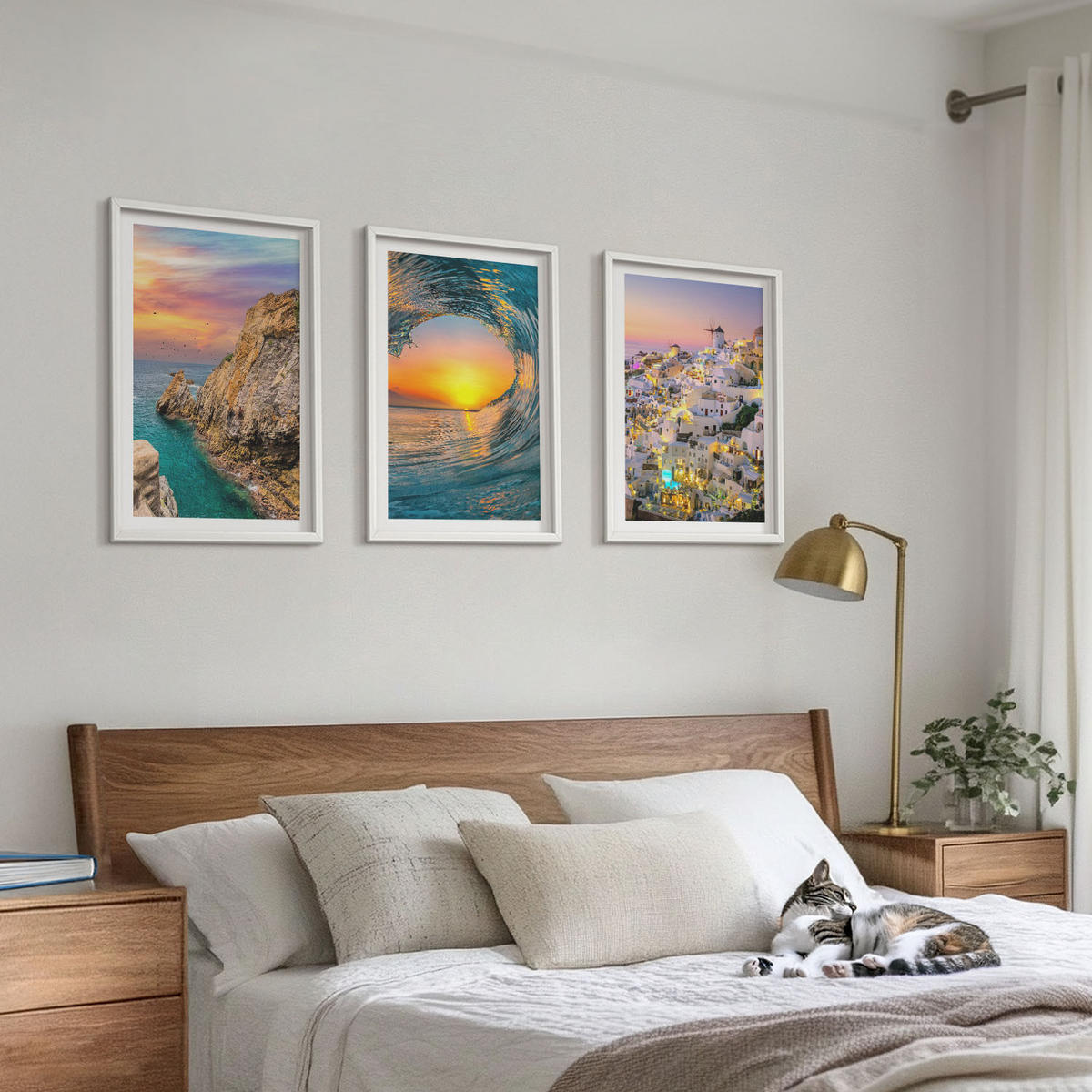 BILDER SET 3er Set - 40x60 cm Weißer Rahmen - Meereswellen, weiße Häuser, Santorini - Weiß, Kunststoff (40/60cm) - TULUP