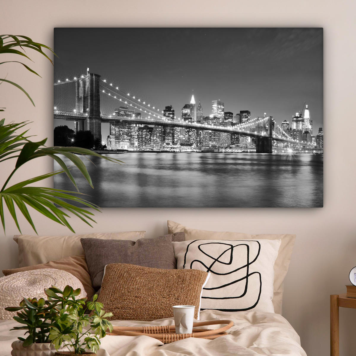 OBRAZ NA PLÁTNE New York - Most - Brooklyn - Čiernobiely - Architektúra 120x80 cm - čierna, textil (120/80cm) - MuchoWow