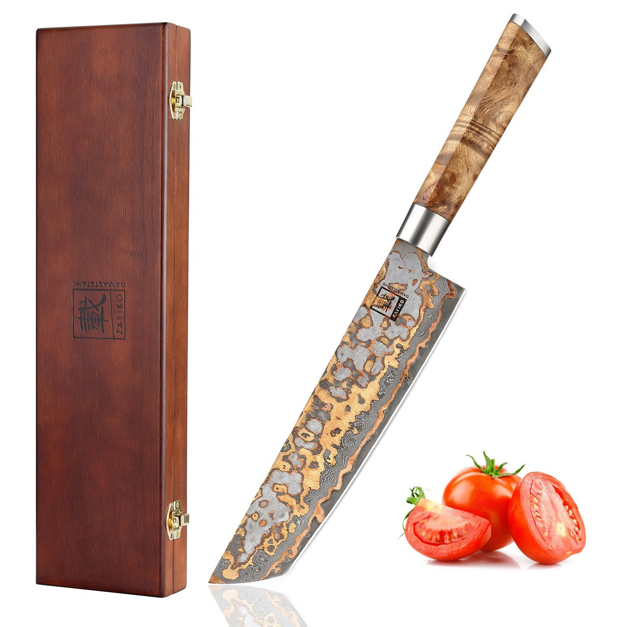 TANTO Chefmesser MysticMagma Damast - Braun, Holz/Metall (34cm) - Zayiko