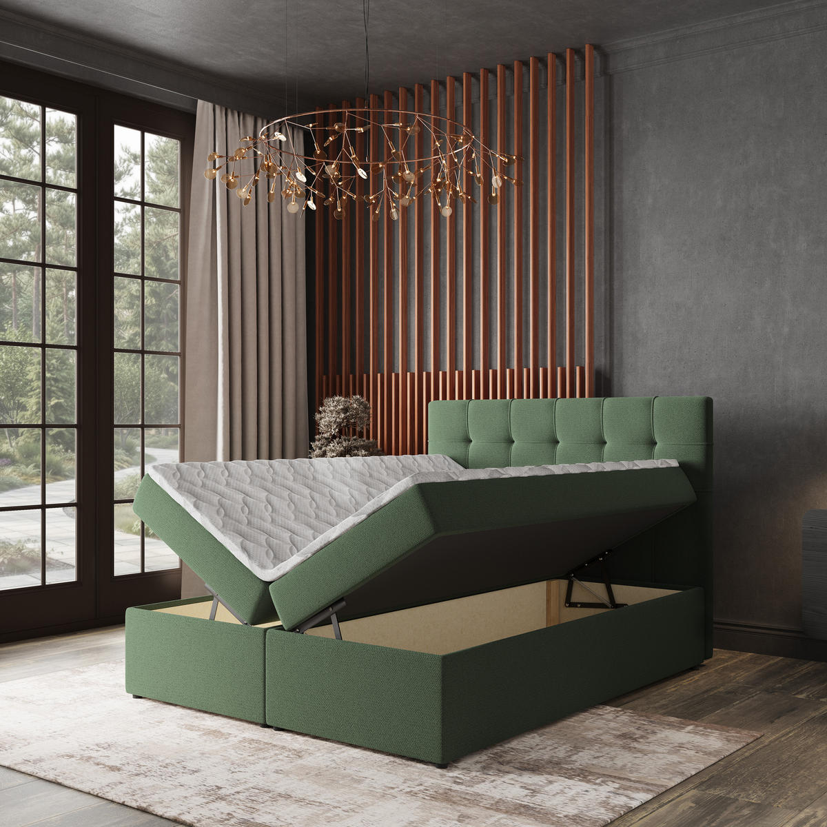 BOXBETT PALMA 180x200 cm mit Matratze und Topper, H2+H3 - Grün - Grün, Holz (180/200cm) - MASSENO