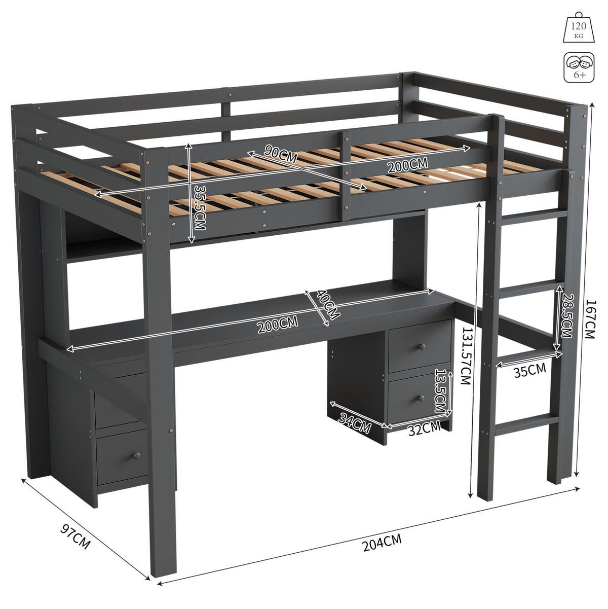 PATROVÁ postel 90/200 cm šedá se stolkem a velkým úložným prostorem - šedá, dřevo (90/200cm) - OKWISH