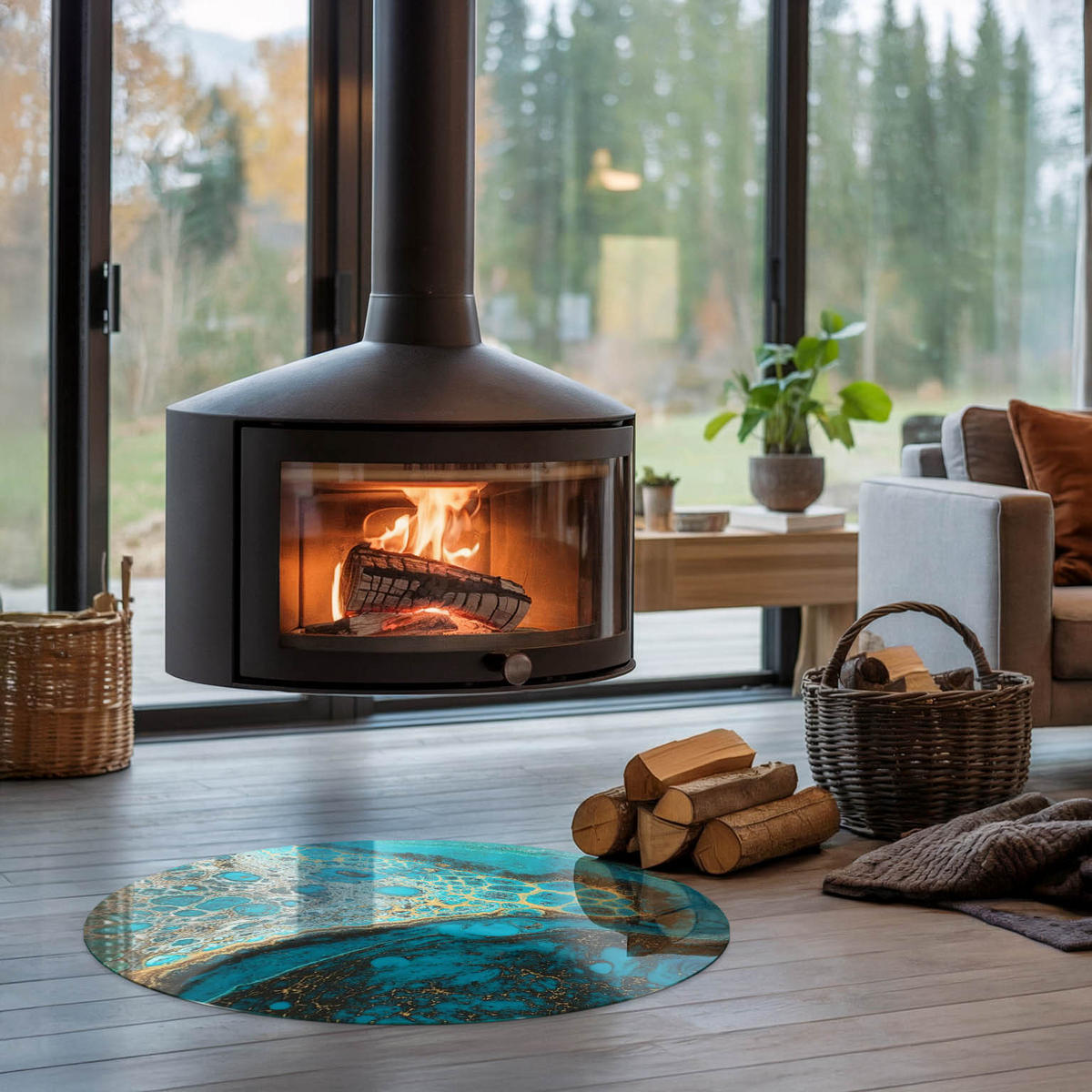 GLASPLATTE für Kamin Ø 80 cm - Türkis, Glas (80/80/0.4cm) - TULUP