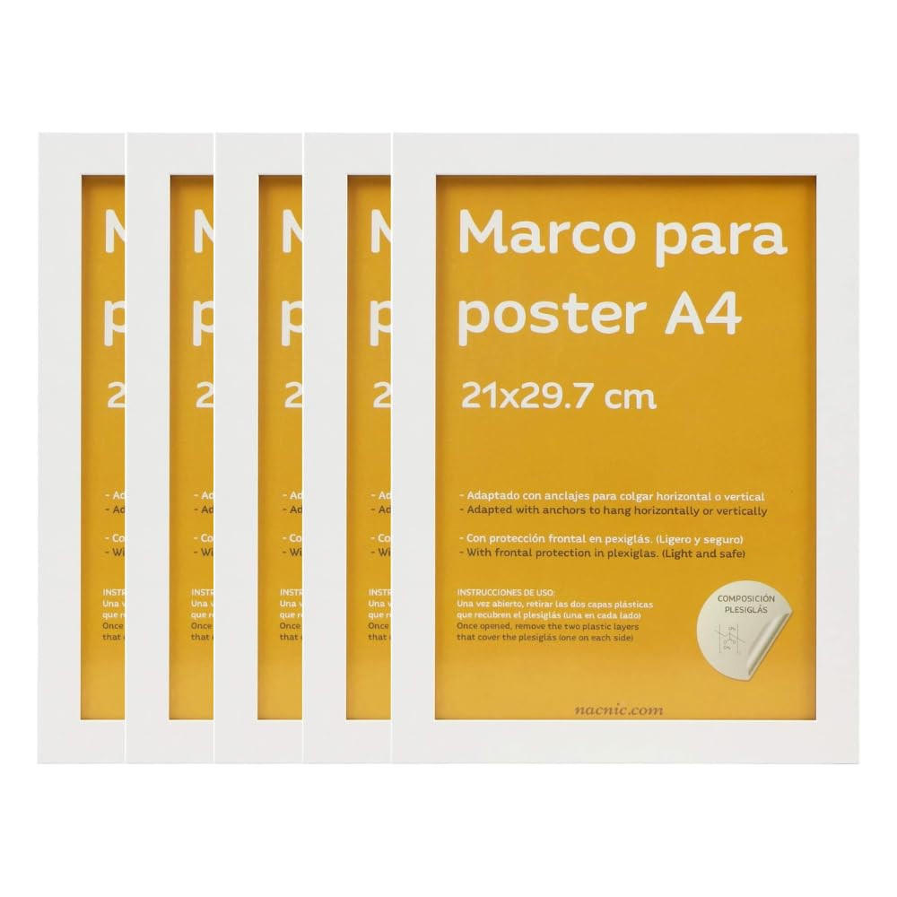RAHMEN Set mit 48 aus MDF und Acrylglas Schutz und Aussteller für Fotografien, Bilder, Poster, Gemälde, Dekoration für Haus Farbe Weiß A4 - Weiß, Holz (21/3/29.7cm) - Nacnic